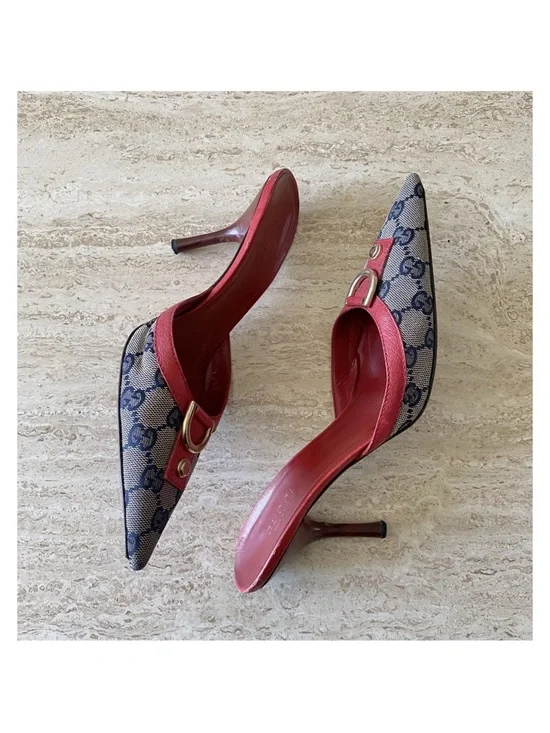 Gucci Navy GG Canvas Pointed Mules with Red Trim and Gold Hardware - Picture 2 of 10
